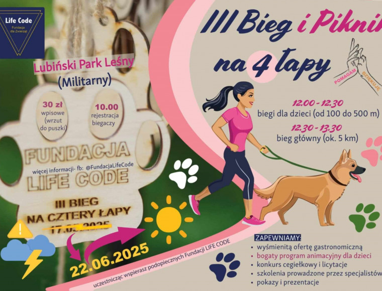 Zapraszamy na III Bieg na Cztery Łapy – już 22 czerwca w Lubinie Zapraszamy na III Bieg na Cztery Łapy – już 22 czerwca w Lubinie